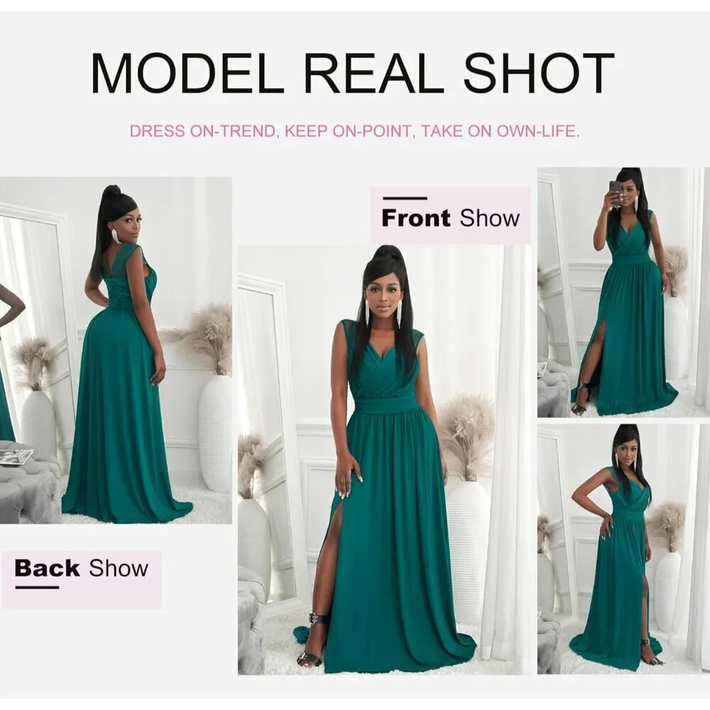Women's V-Neck Maxi Dress Ruched Elegant Formal Party Bridesmaid Gown - Picture 5 of 7